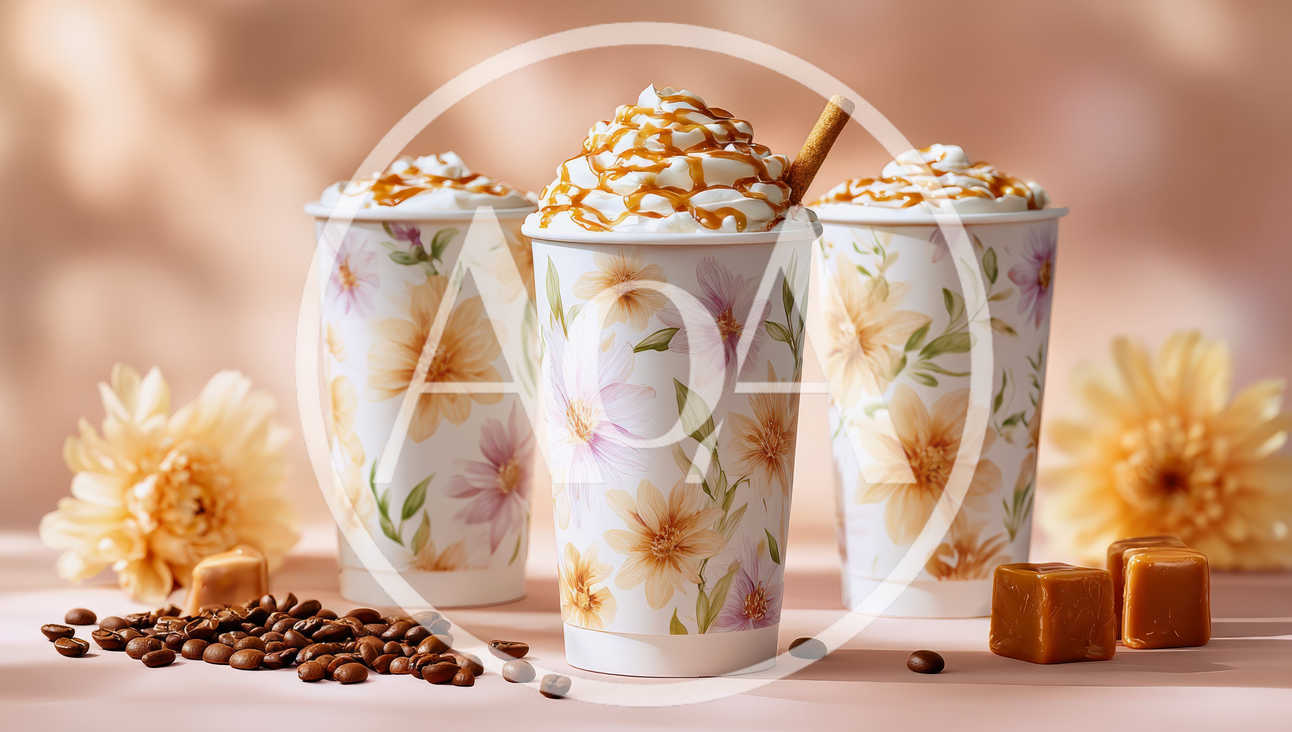 Three Floral Paper Cups With Caramel Coffee Drinks