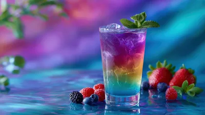 Refreshing Rainbow Layered Cocktail With Fresh Berries