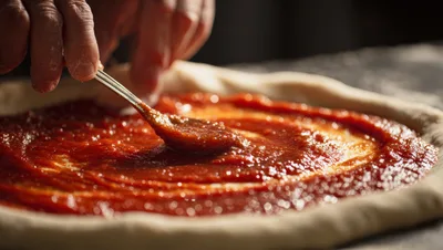 Chef Spreading Tomato Sauce On Pizza Dough