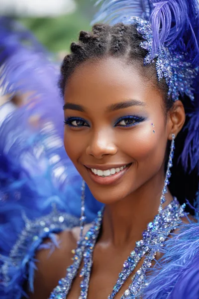 Portrait Of A Smiling Carnival Performer In Blue Costume