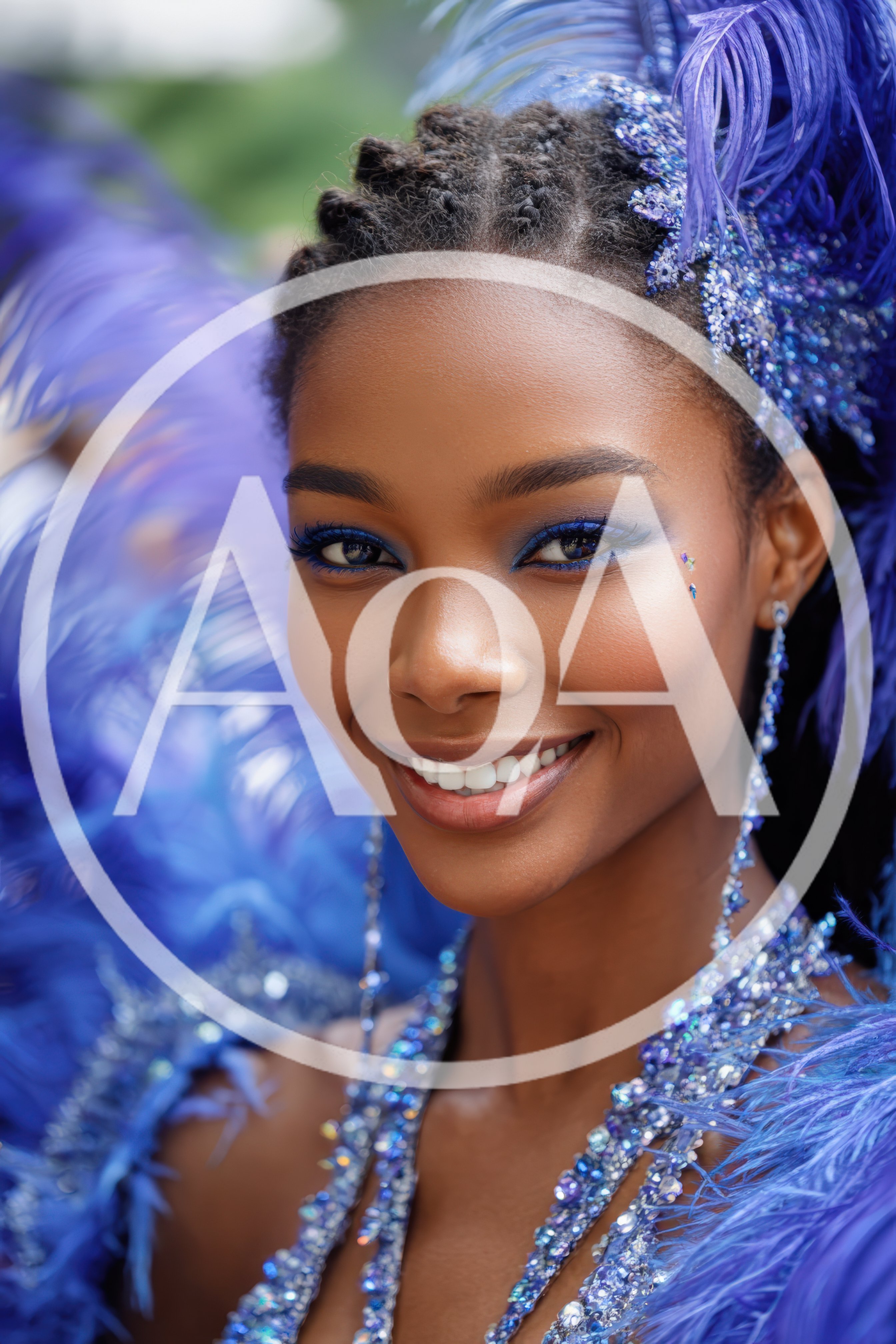 Portrait Of A Smiling Carnival Performer In Blue Costume