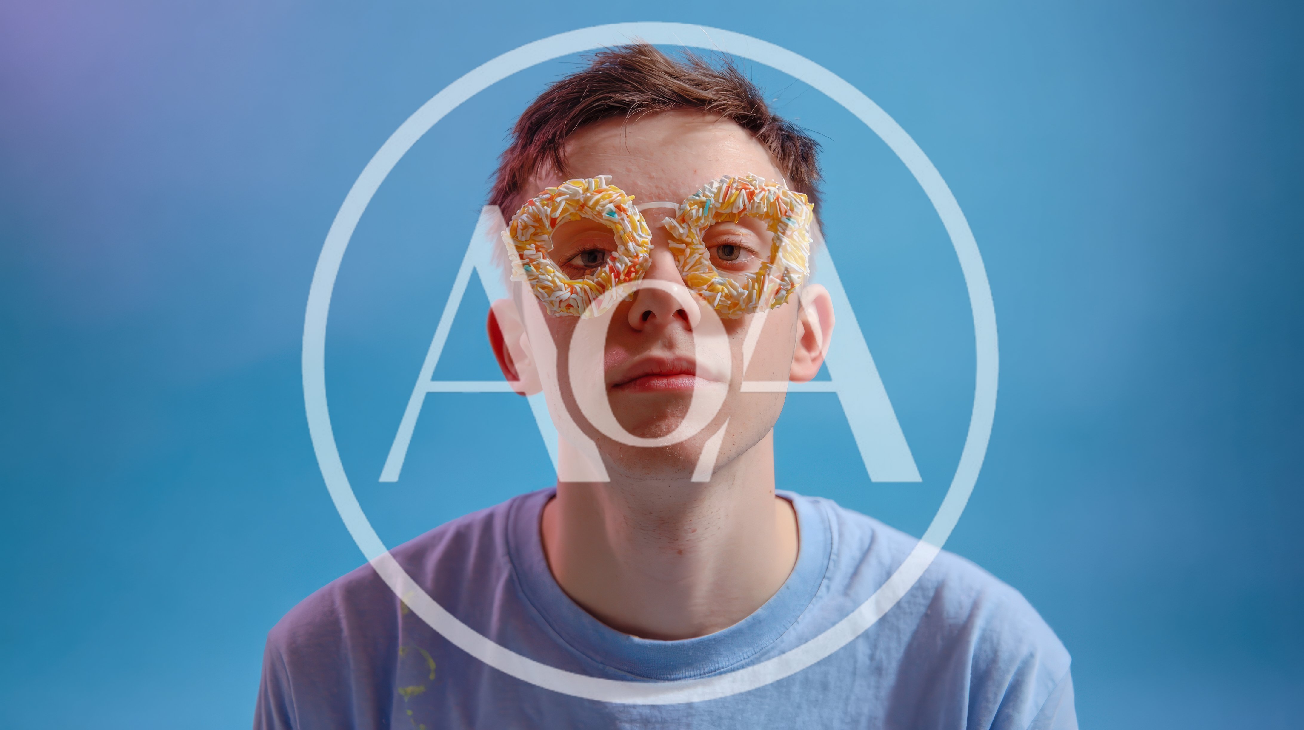 Young Man Wearing Donut Glasses Against Blue Background