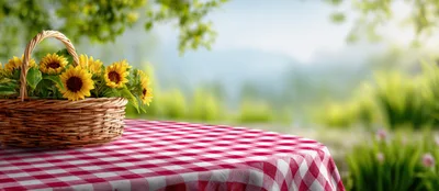 Wicker Basket Of Sunflowers On A Picnic Table