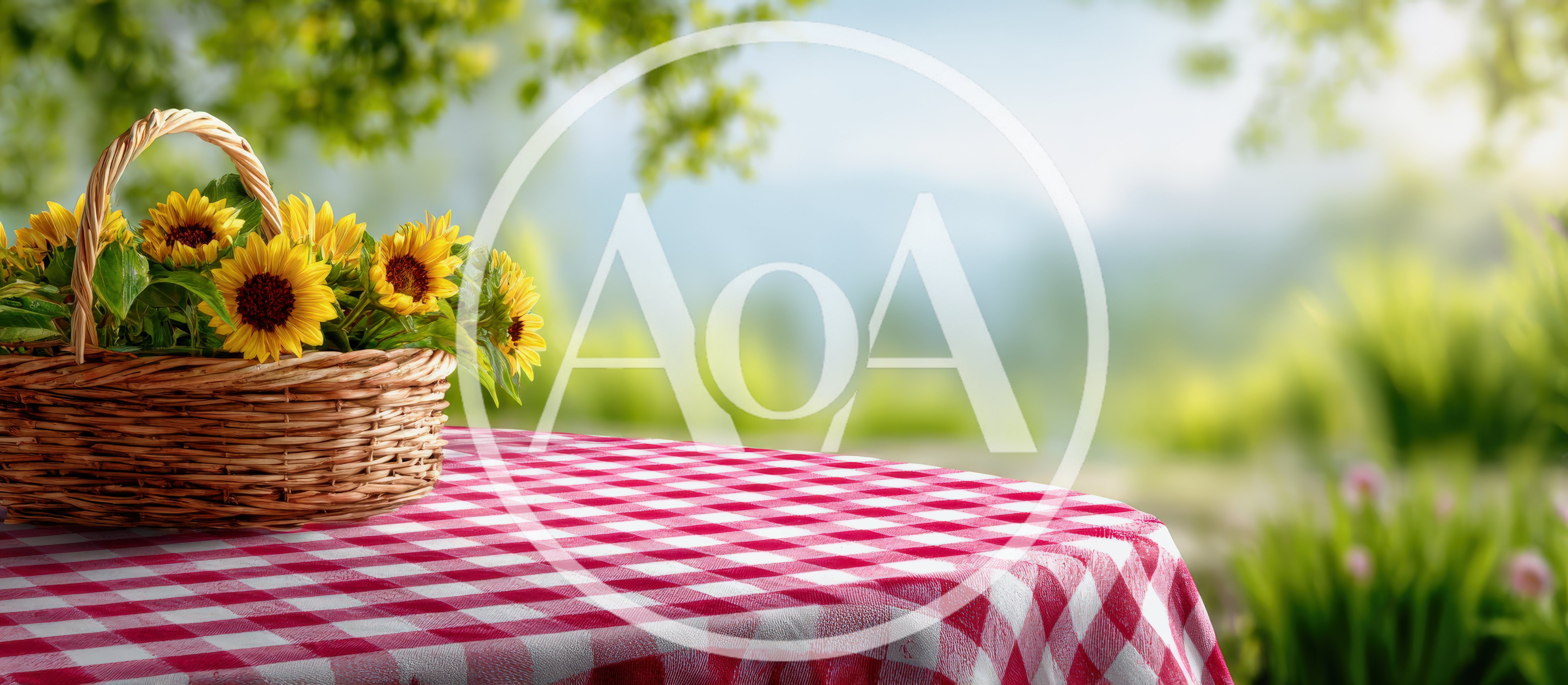 Wicker Basket Of Sunflowers On A Picnic Table