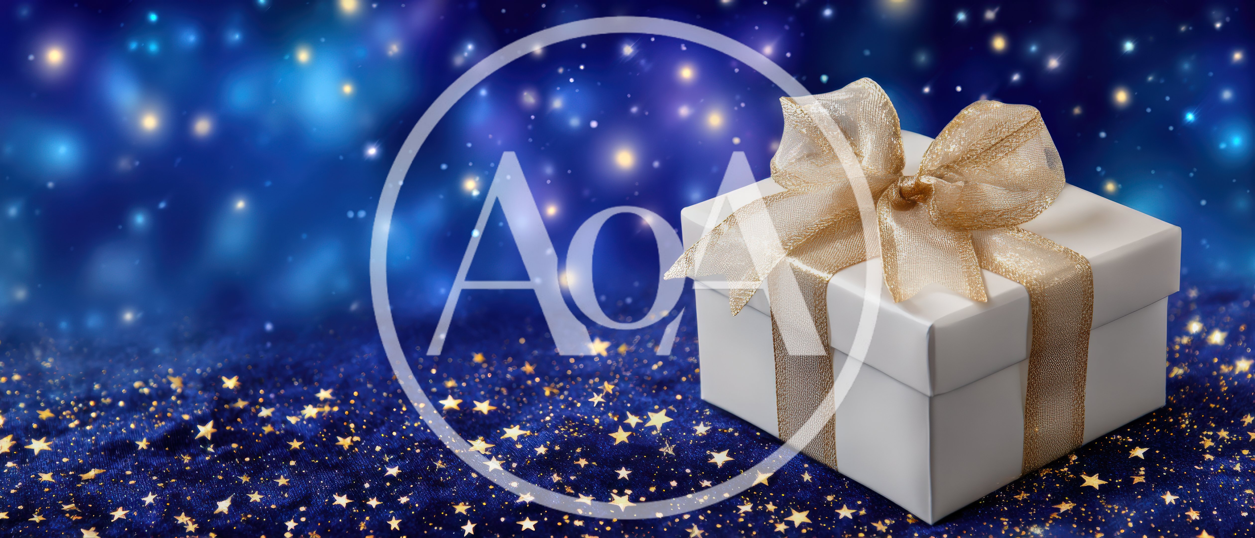 White Gift Box With Gold Ribbon On Starry Background