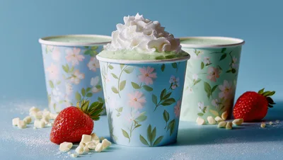 Matcha Latte With Whipped Cream And Fresh Strawberries