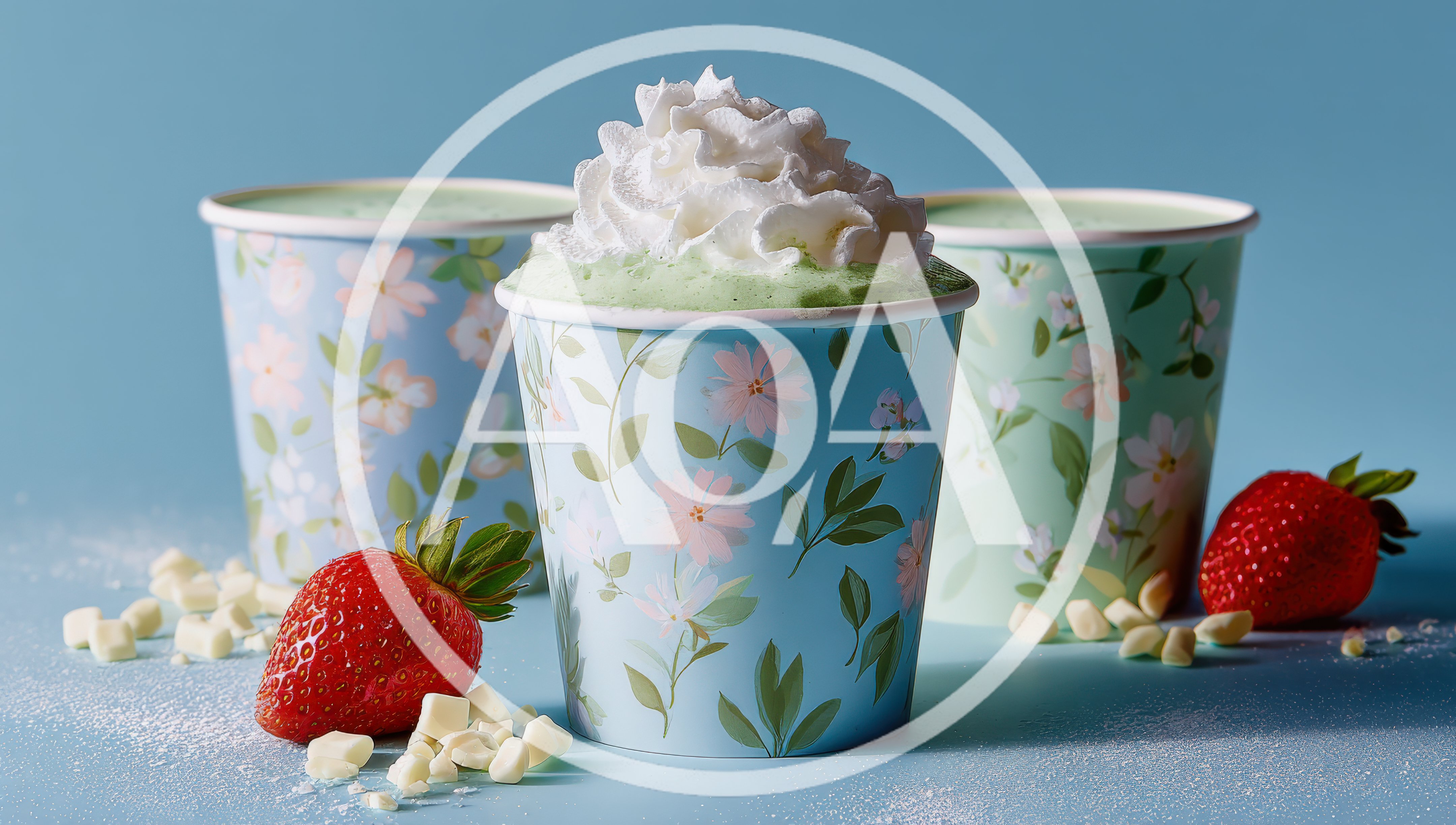 Matcha Latte With Whipped Cream And Fresh Strawberries