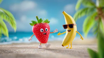 Cartoon Strawberry and Banana Characters Walking on Beach