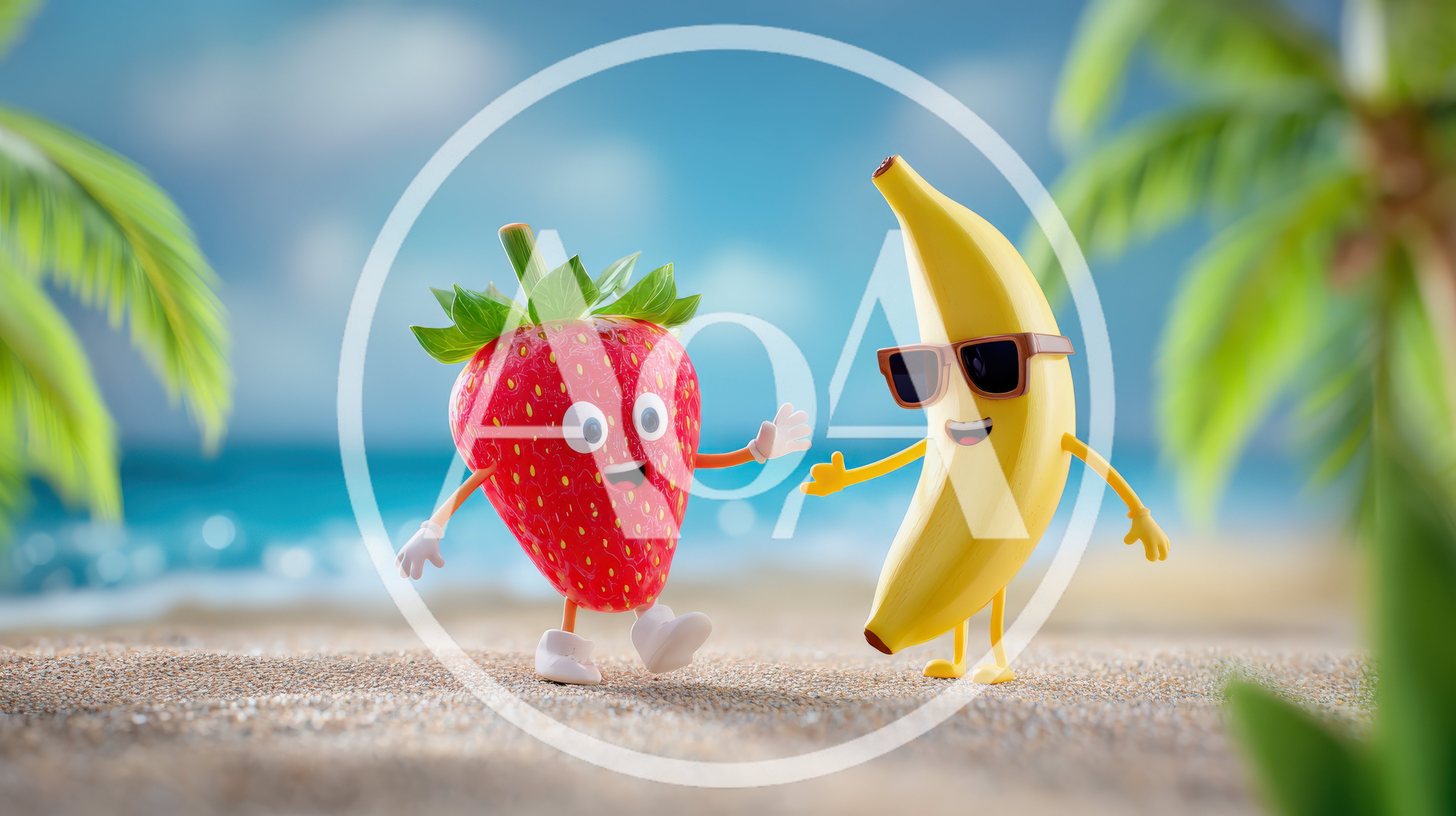 Cartoon Strawberry and Banana Characters Walking on Beach