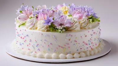 Elegant White Frosted Cake Decorated With Fresh Flowers