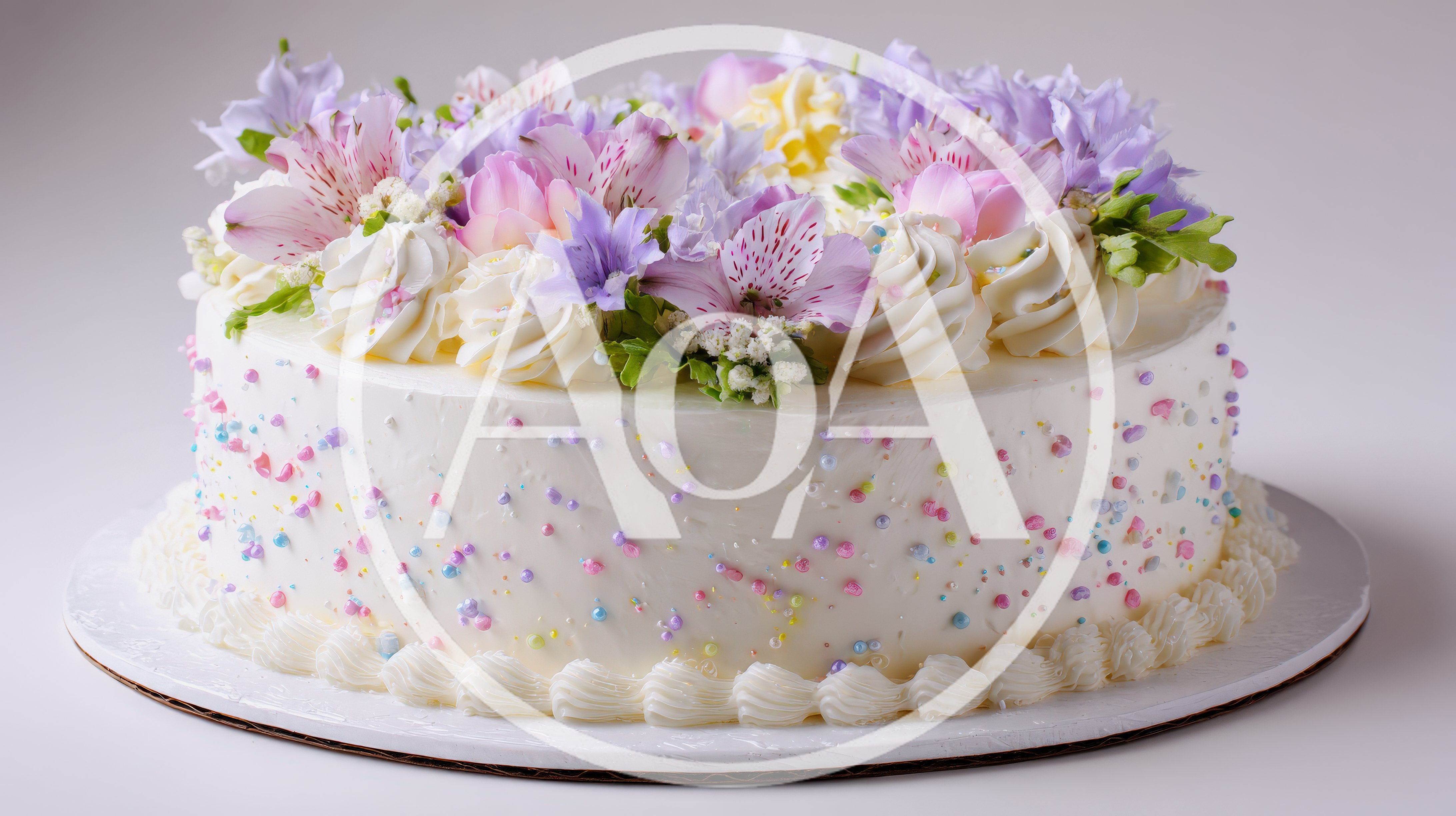 Elegant White Frosted Cake Decorated With Fresh Flowers