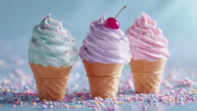 Three Pastel Soft Serve Ice Cream Cones