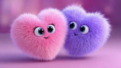 Two Fluffy Heart Shaped Characters With Big Eyes