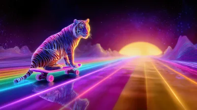 Neon Tiger Riding A Skateboard In Synthwave Landscape