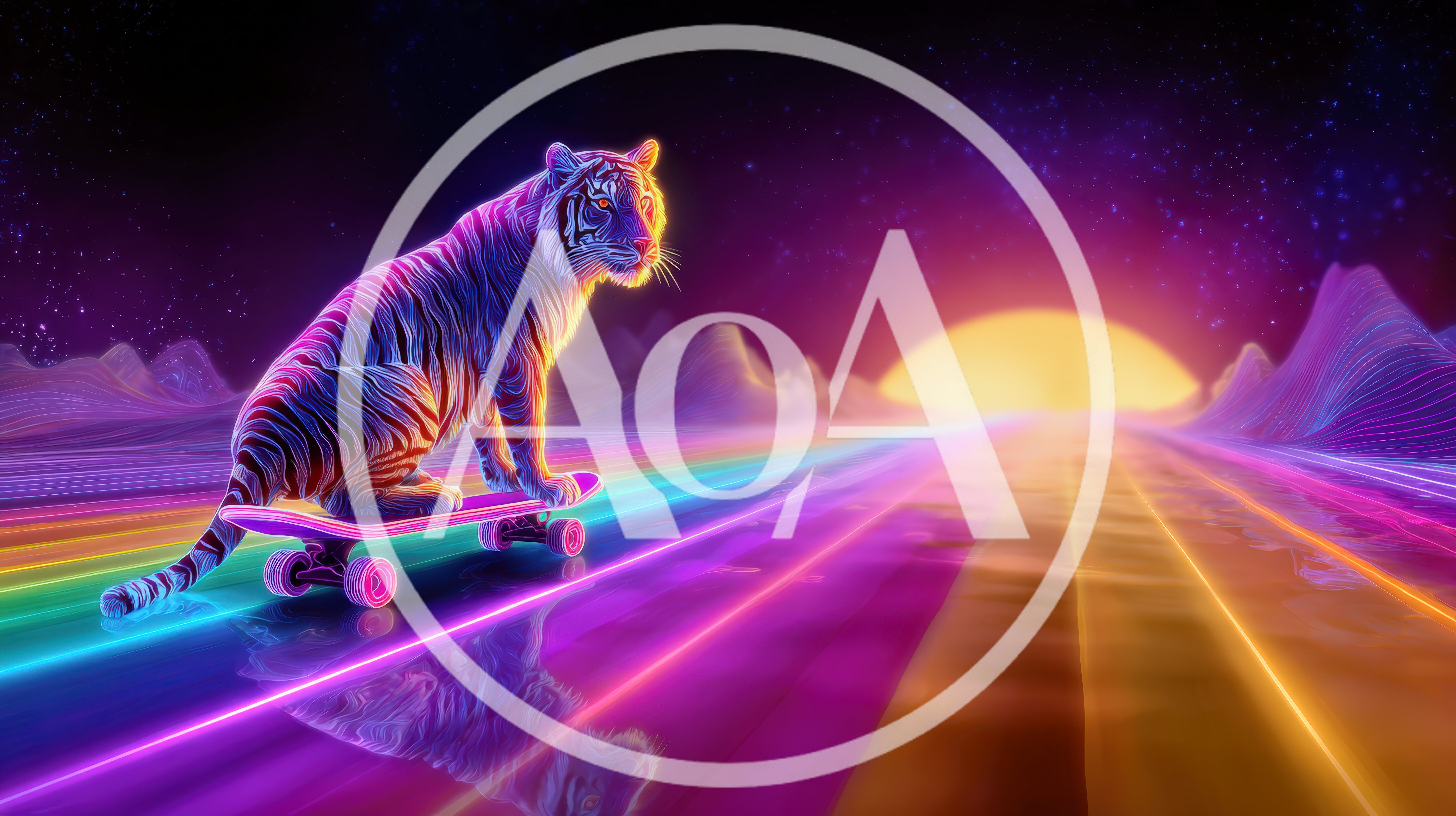 Neon Tiger Riding A Skateboard In Synthwave Landscape
