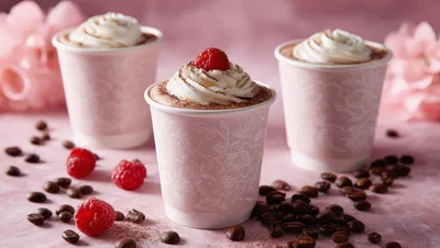 Three Cups Of Hot Chocolate With Raspberries And Coffee Beans