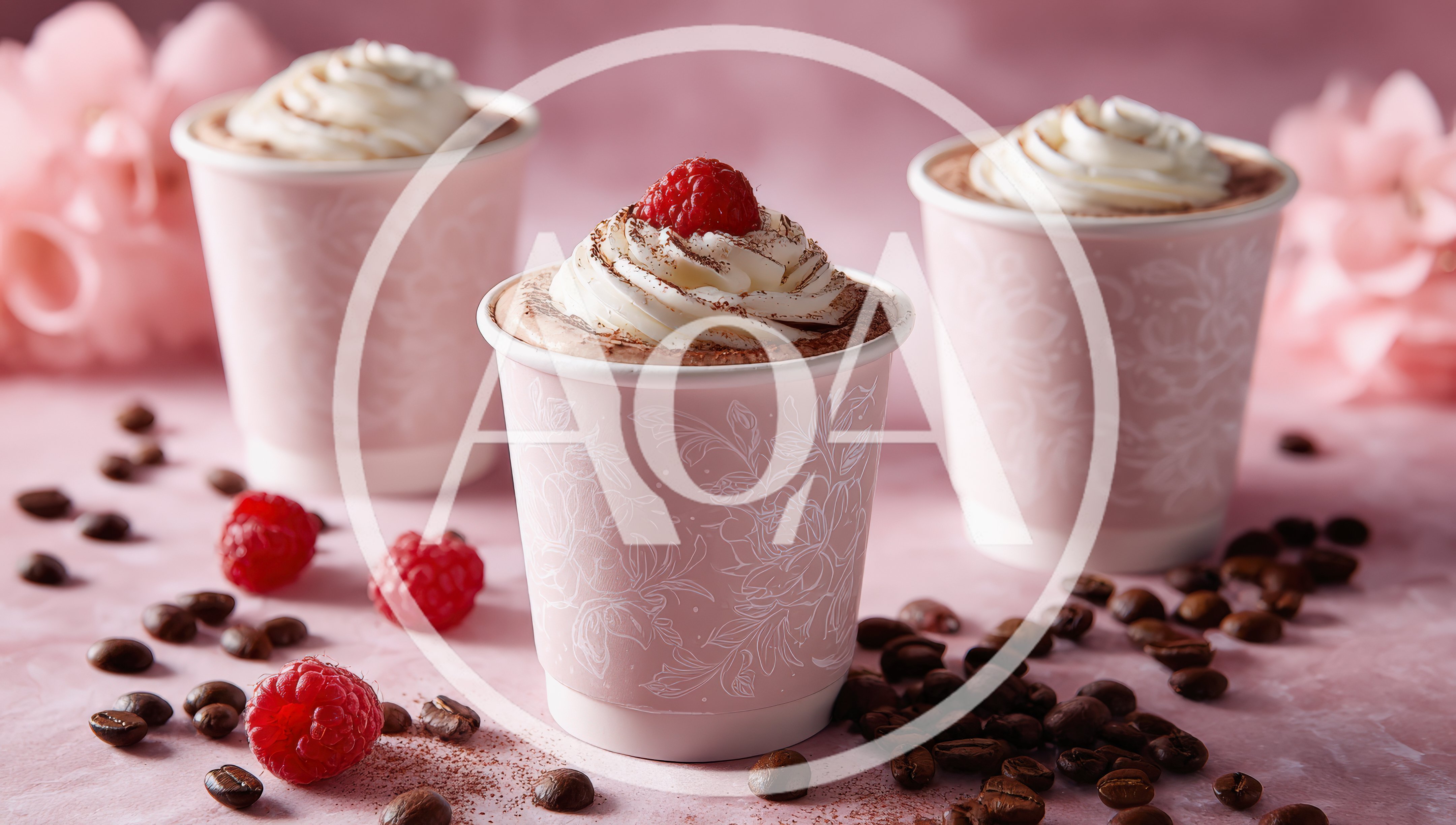Three Cups Of Hot Chocolate With Raspberries And Coffee Beans