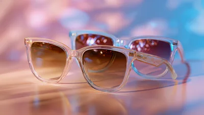 Two Pairs Of Transparent Sunglasses On A Reflective Surface