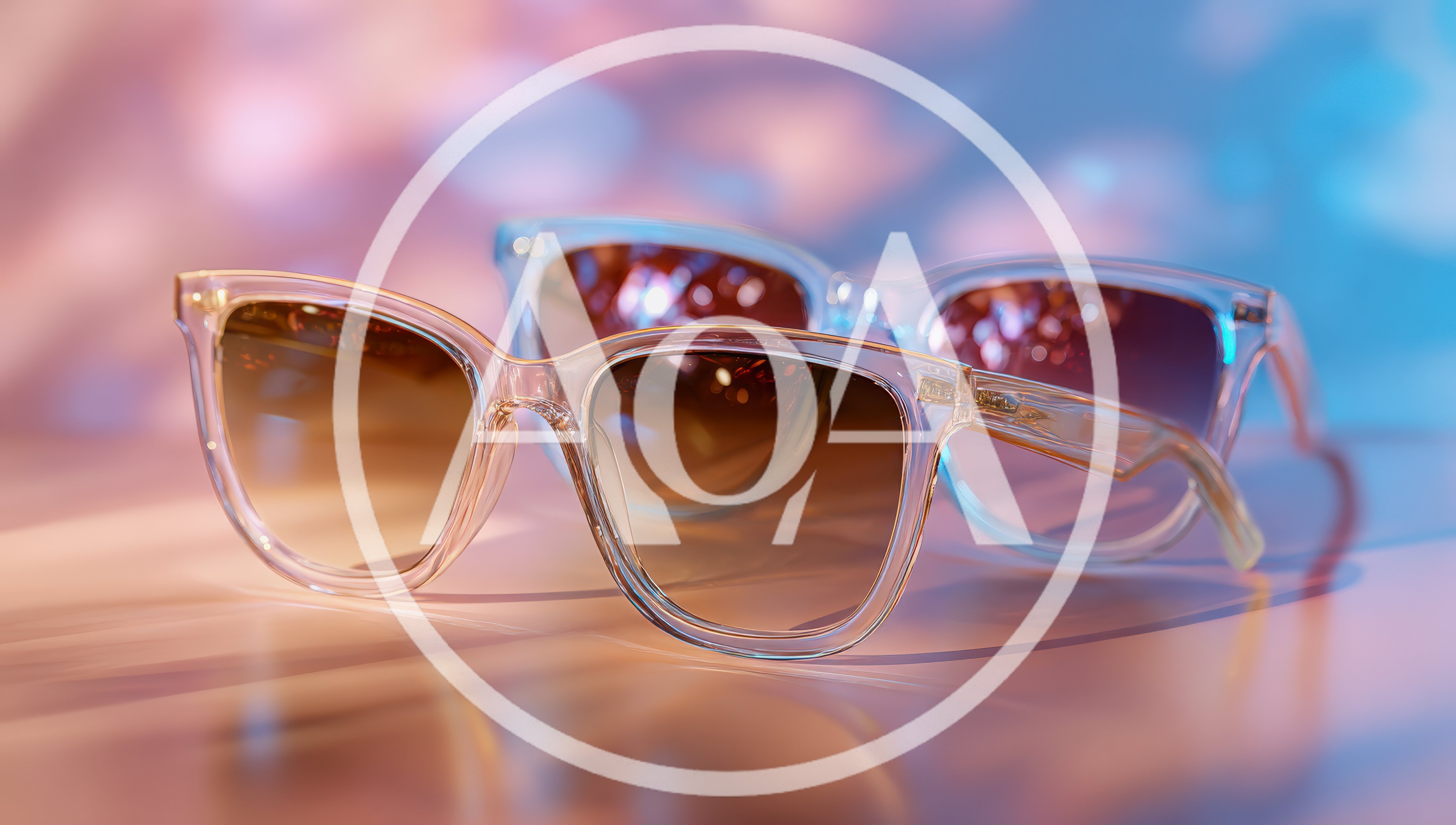 Two Pairs Of Transparent Sunglasses On A Reflective Surface