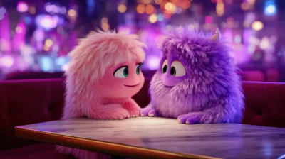 Two Cute Furry Monsters Sitting At A Table