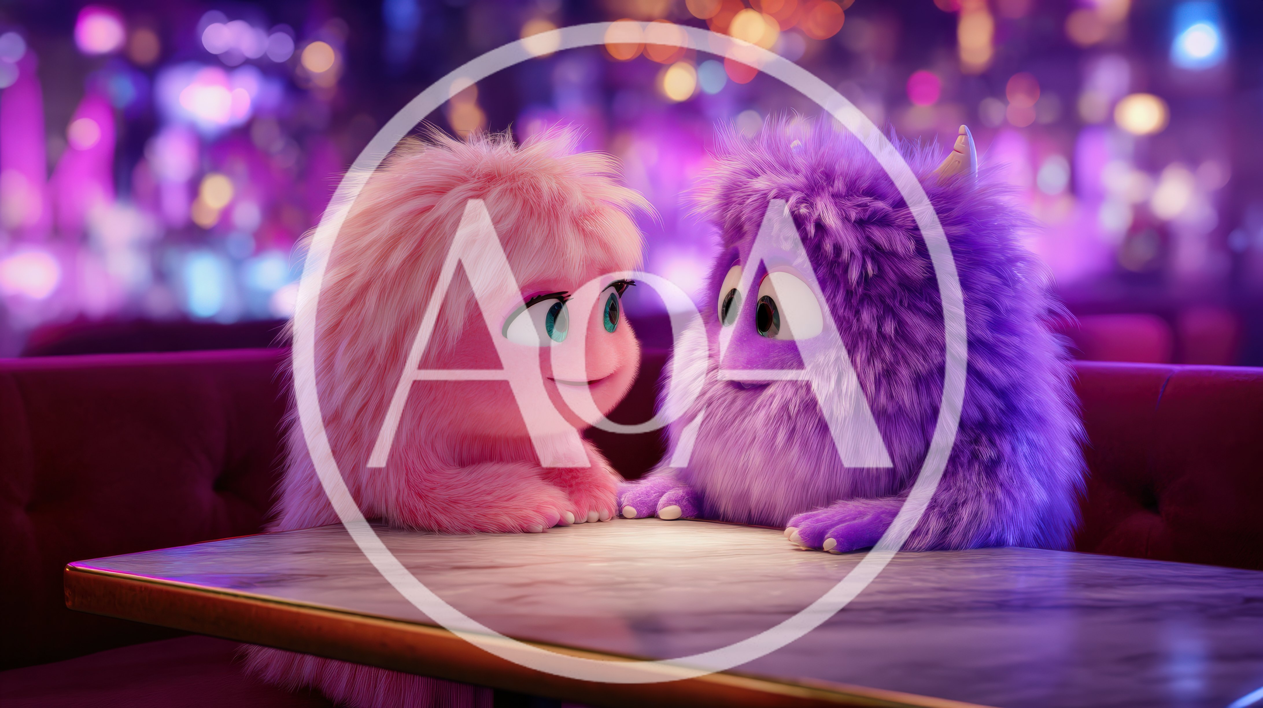 Two Cute Furry Monsters Sitting At A Table