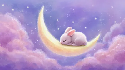 Cute White Bunny Sleeping On A Crescent Moon