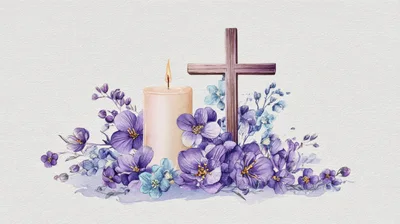 Watercolor Illustration of a Cross and Candle with Flowers