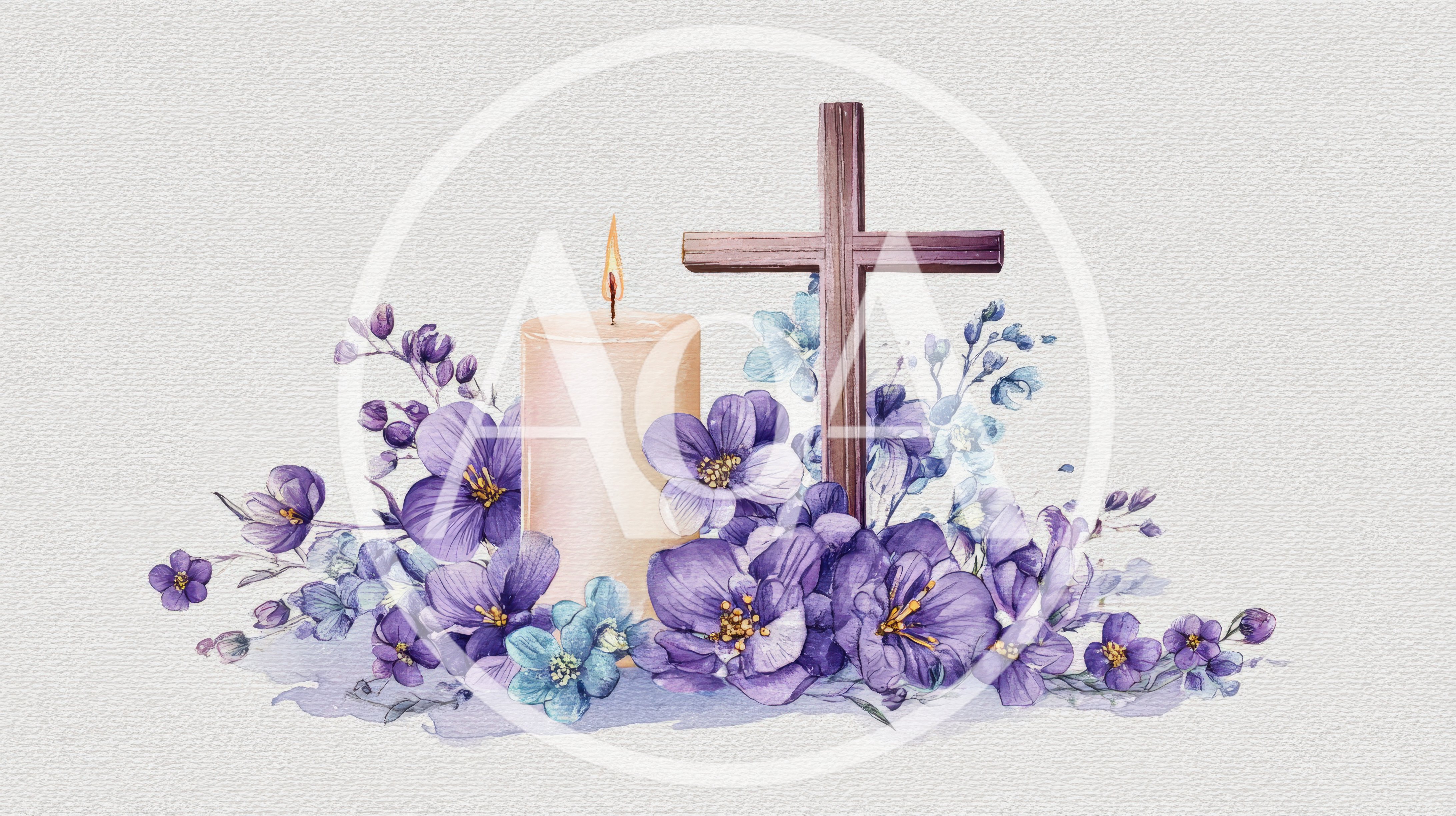 Watercolor Illustration of a Cross and Candle with Flowers