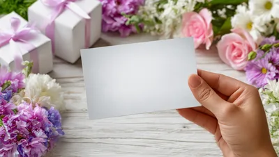 Hand Holding Blank Card Over Floral Background