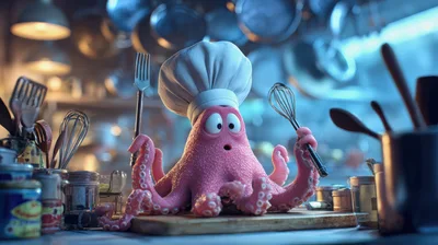 Animated Octopus Chef Holding Kitchen Utensils