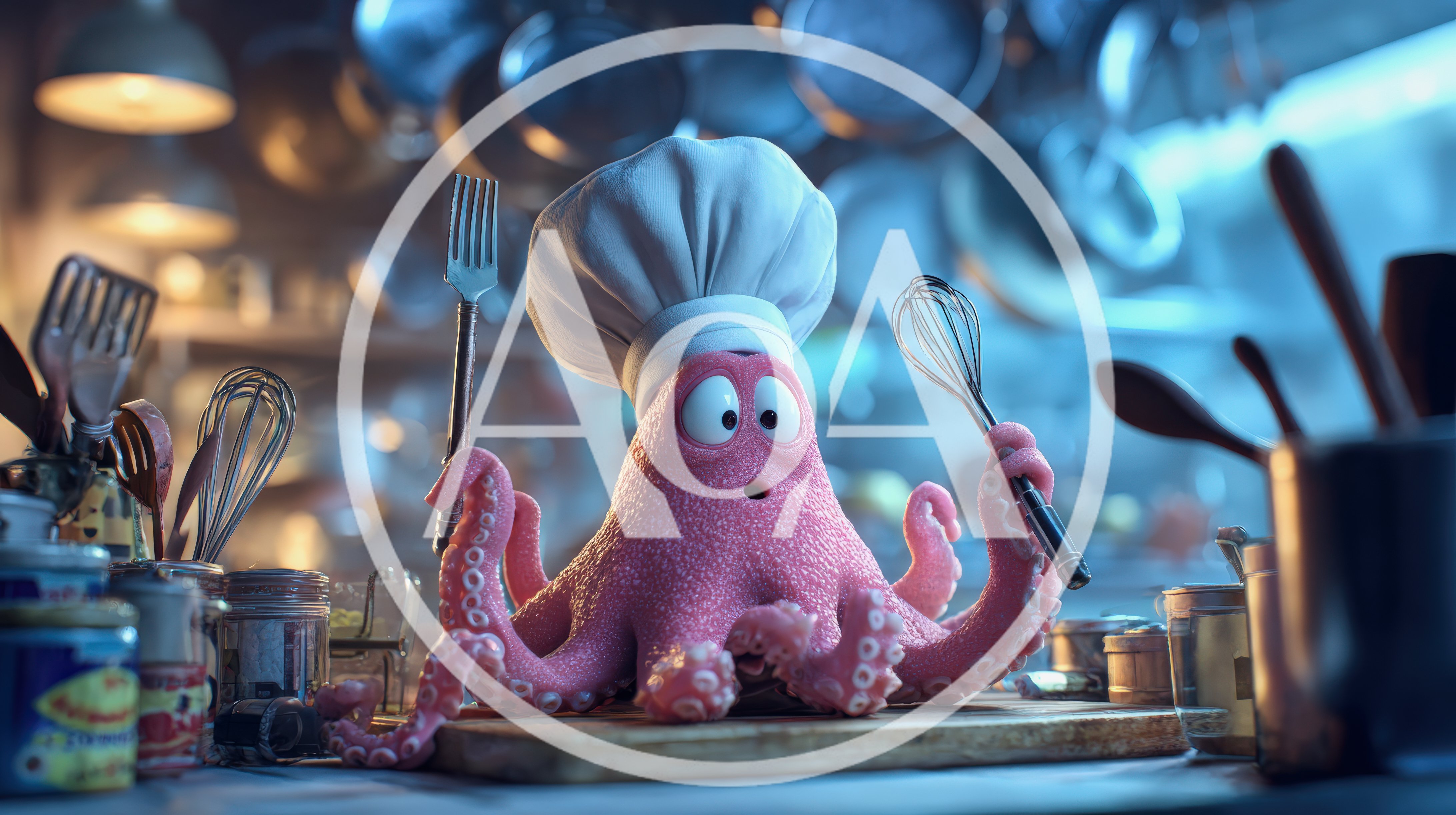 Animated Octopus Chef Holding Kitchen Utensils
