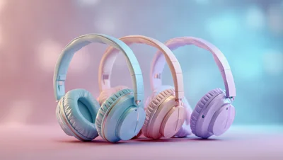 Three Pastel Colored Headphones On A Gradient Background