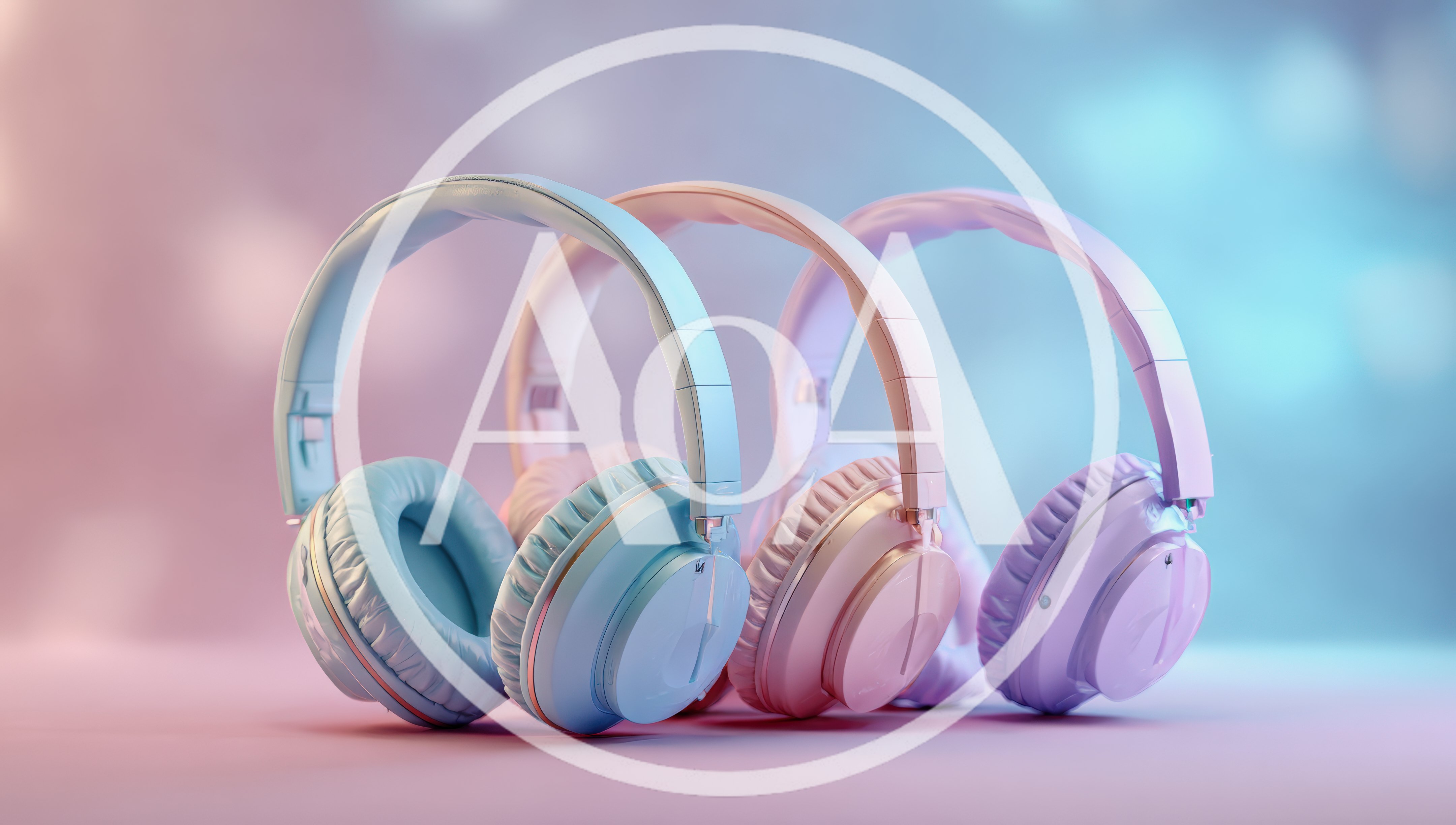 Three Pastel Colored Headphones On A Gradient Background