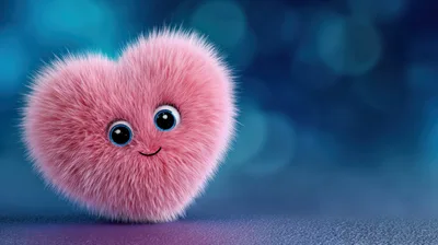 Cute Fluffy Pink Heart Character With Big Eyes