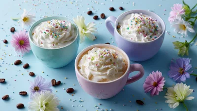 Three Colorful Mugs Of Hot Cocoa With Whipped Cream