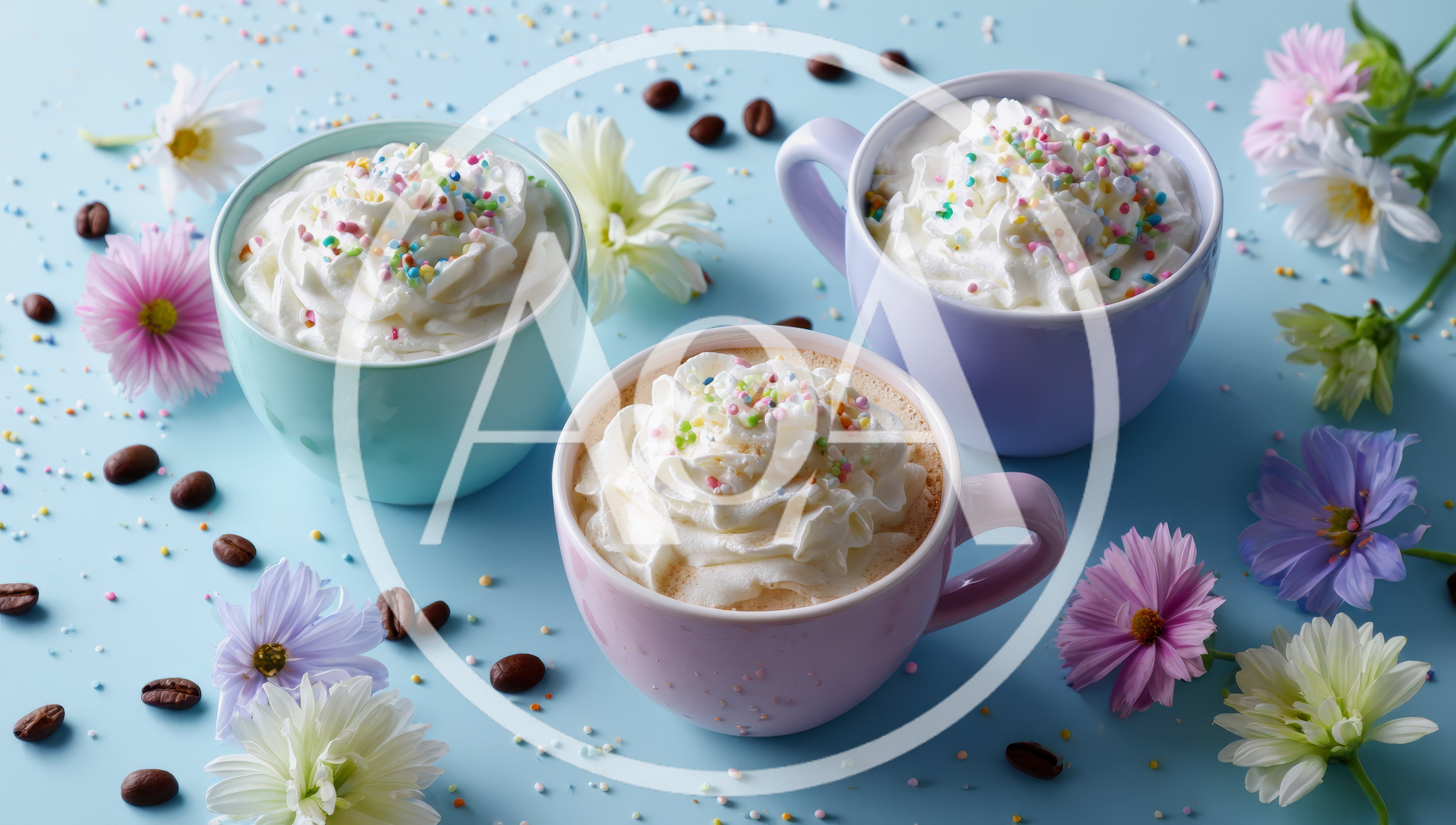 Three Colorful Mugs Of Hot Cocoa With Whipped Cream