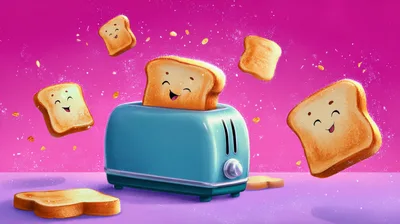 Cute Cartoon Toaster With Happy Floating Bread Slices