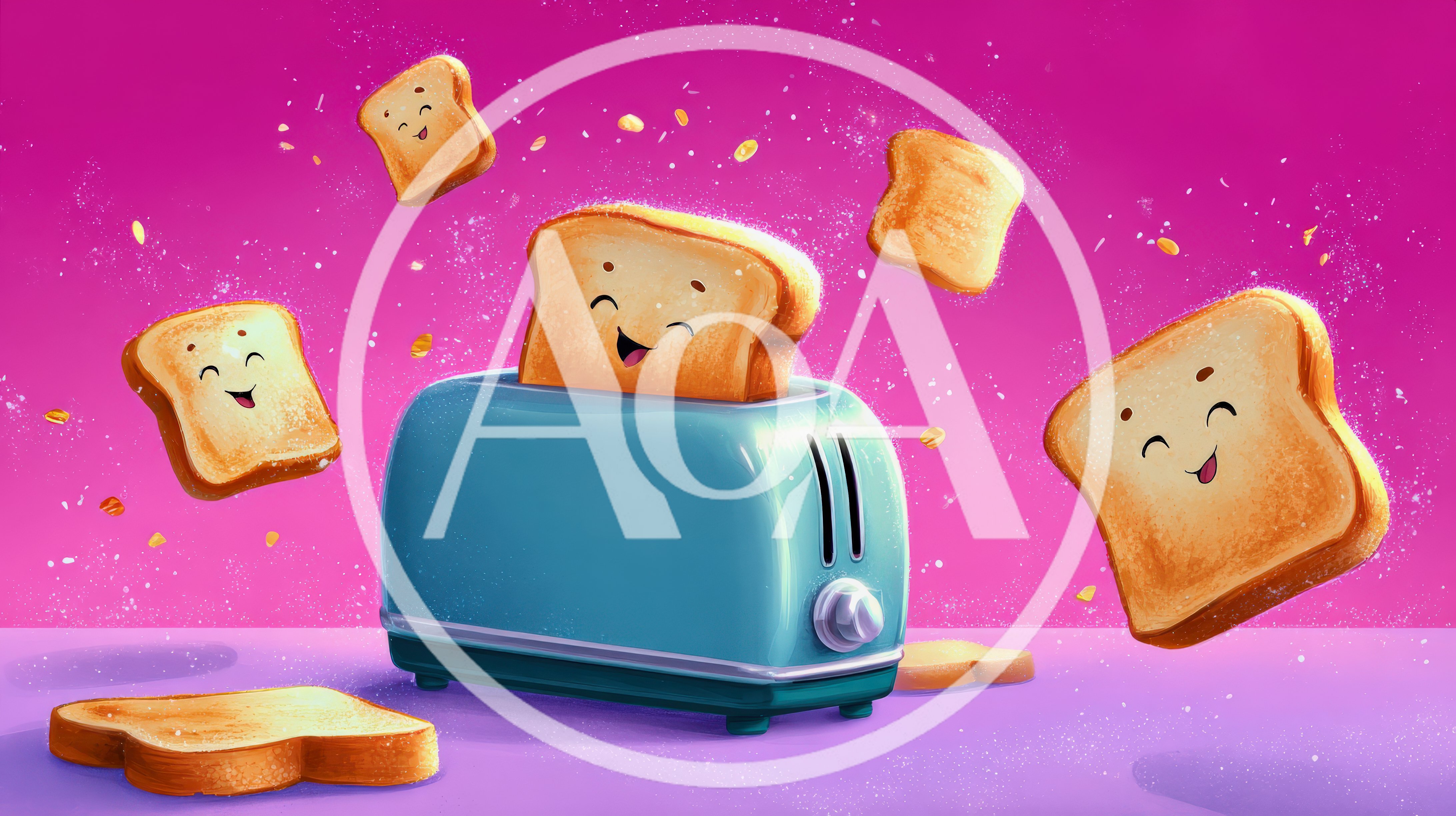 Cute Cartoon Toaster With Happy Floating Bread Slices