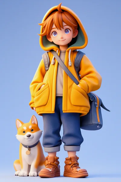 3D Rendered Boy With Shiba Inu Dog