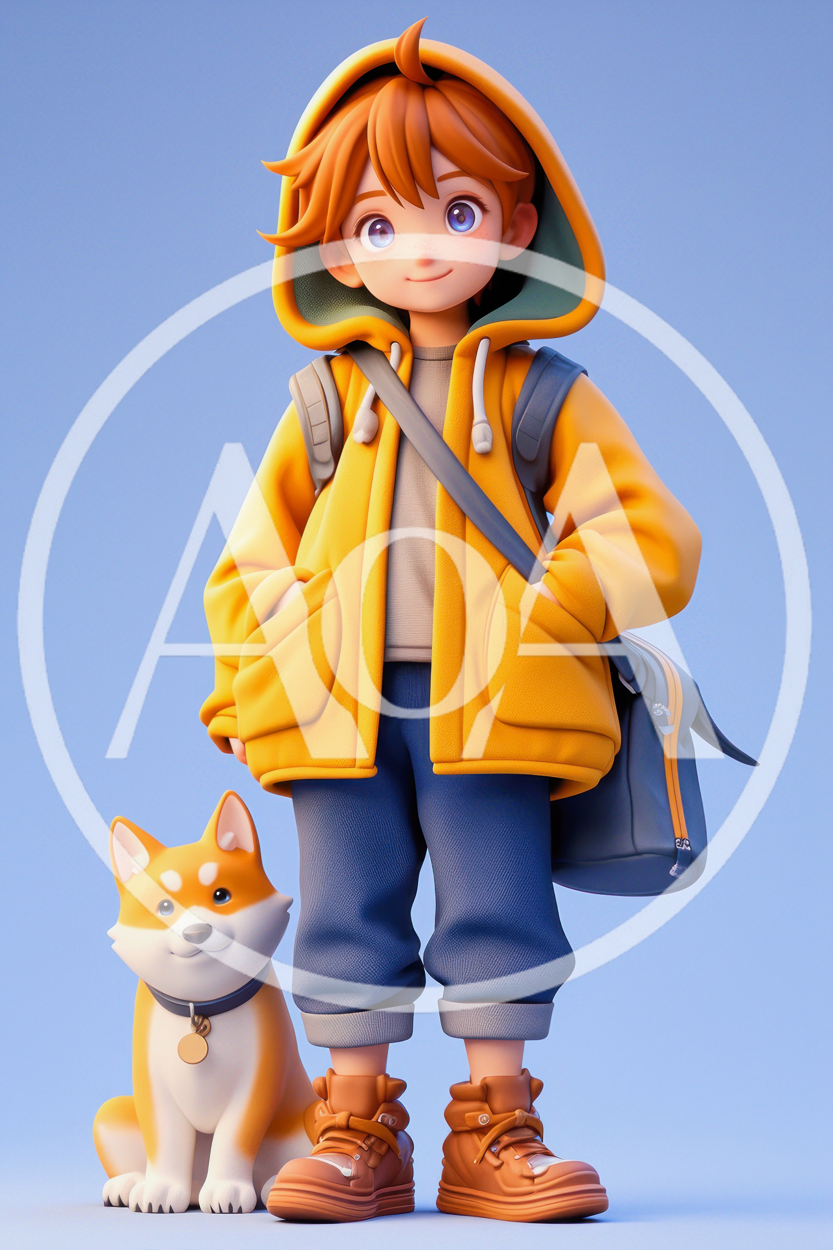 3D Rendered Boy With Shiba Inu Dog