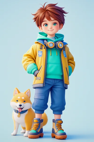 3D Rendered Boy With Shiba Inu Dog
