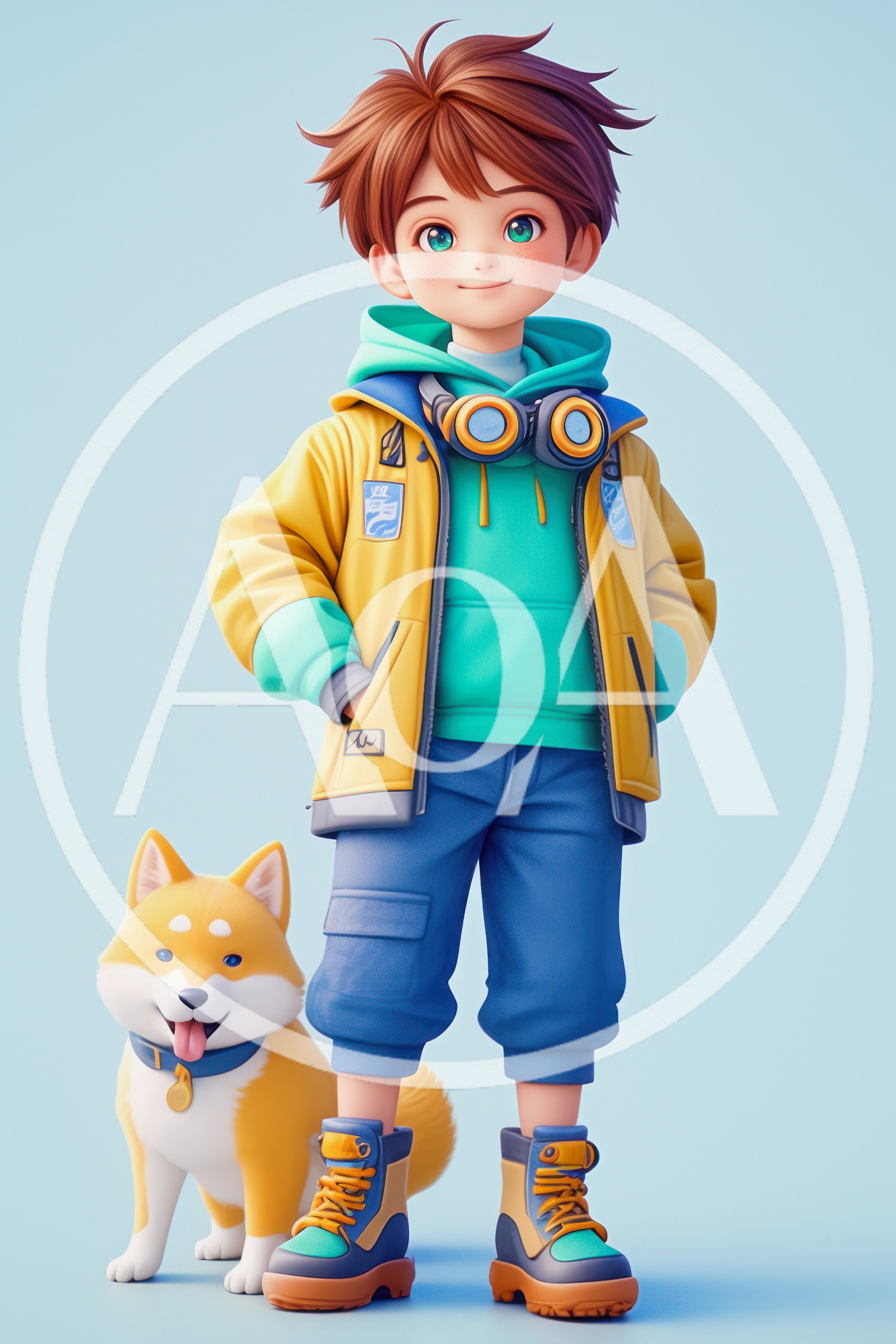 3D Rendered Boy With Shiba Inu Dog
