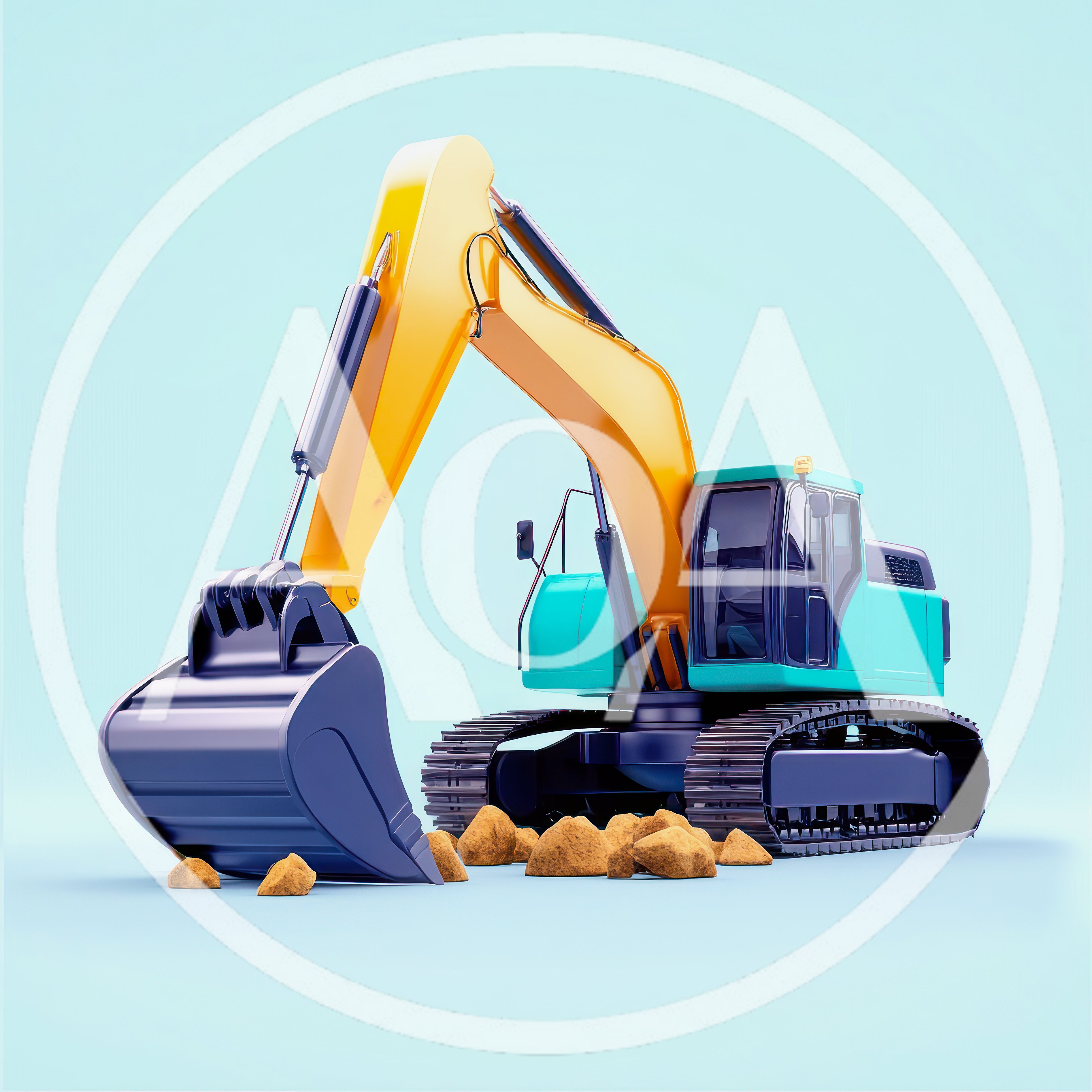 3D Rendered Excavator With Bucket On Light Blue Background