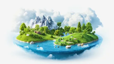 Floating Island With Mountains And Lush Greenery