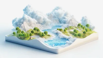 Isometric 3D Landscape With Mountains And River