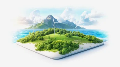 Miniature Island With Wind Turbines And Lush Greenery