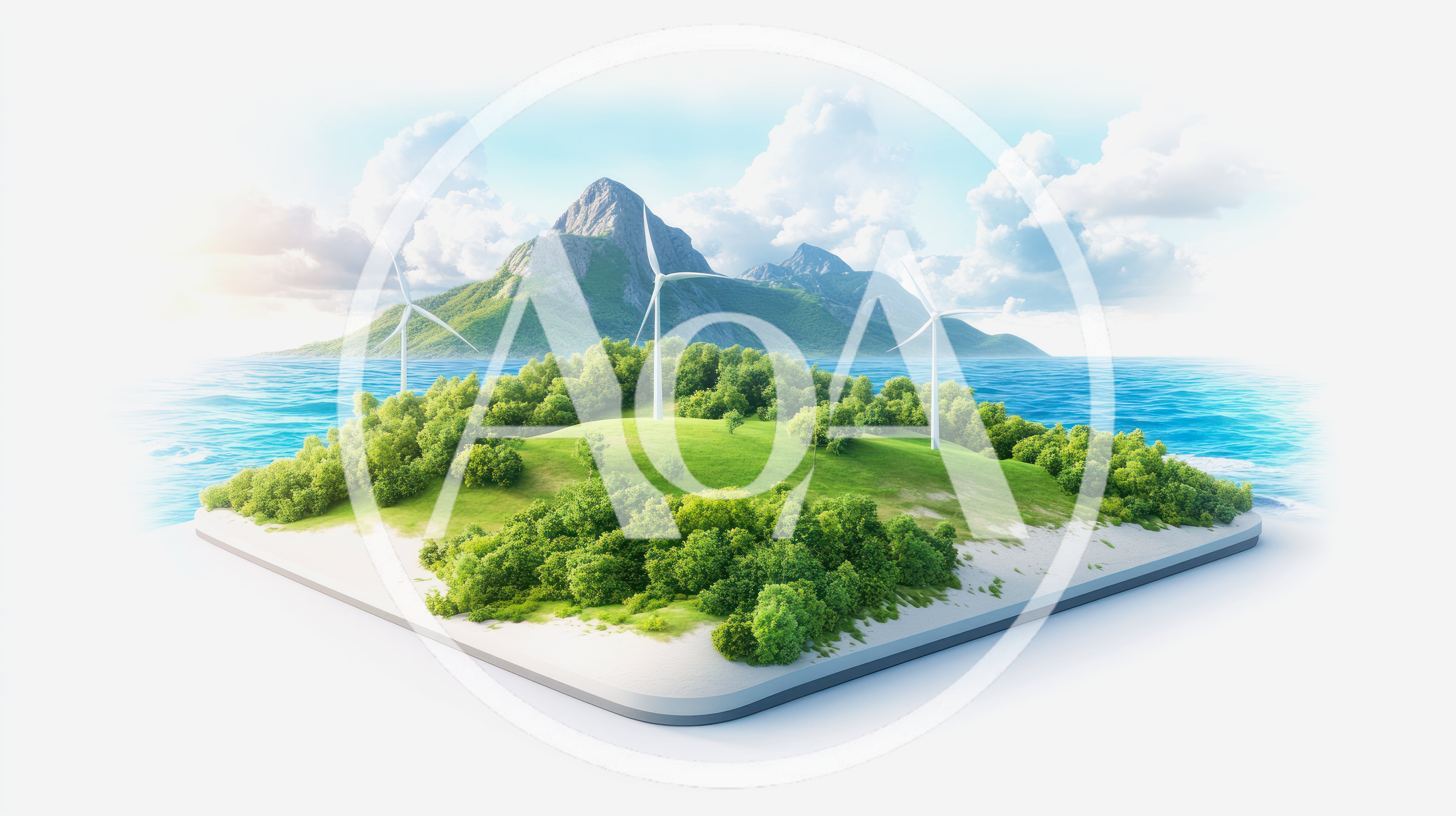 Miniature Island With Wind Turbines And Lush Greenery