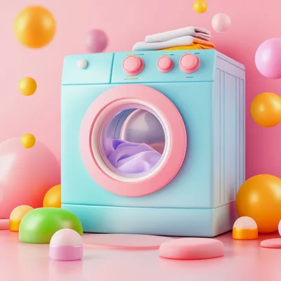 3D Rendered Pastel Washing Machine With Floating Spheres