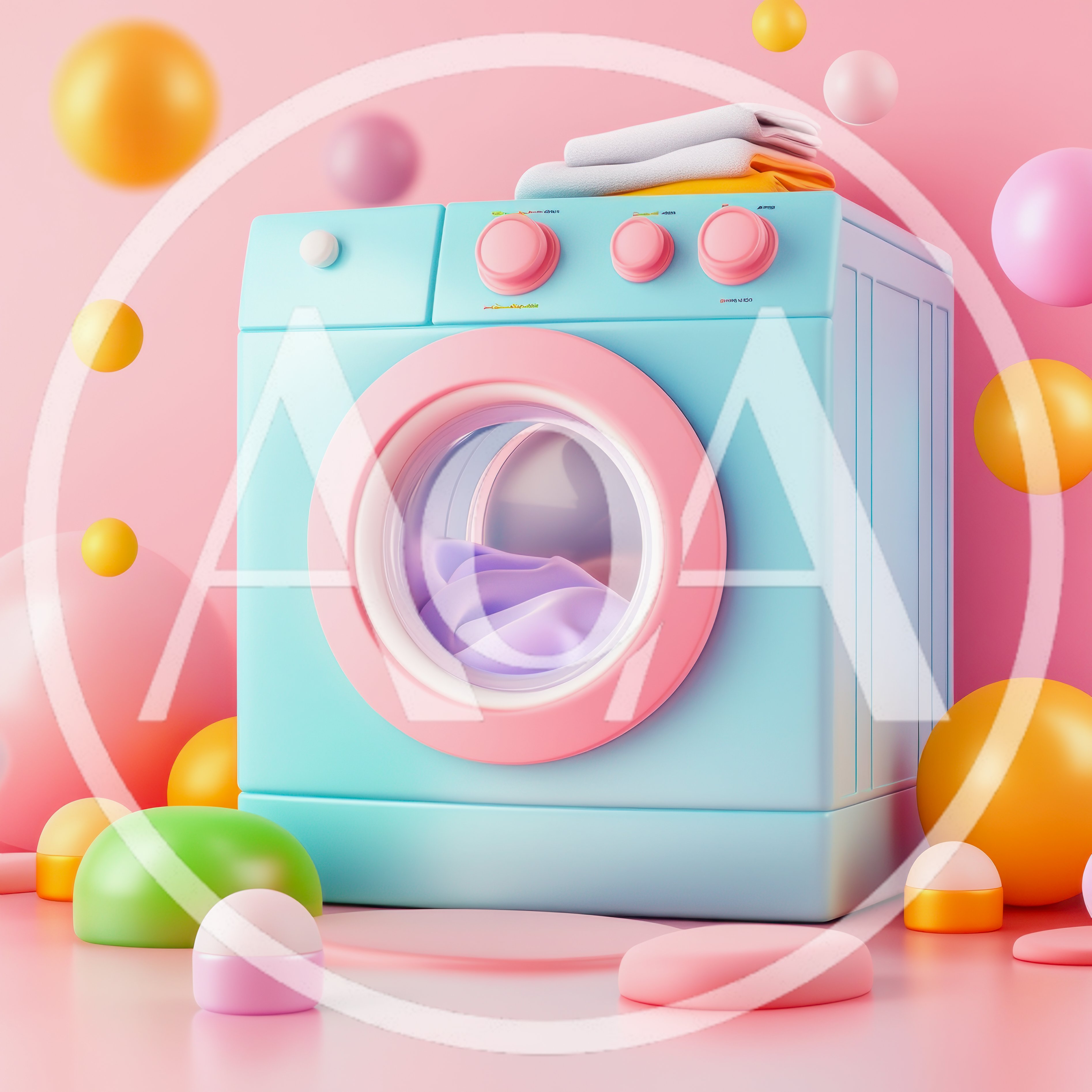 3D Rendered Pastel Washing Machine With Floating Spheres