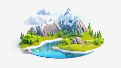 3D Rendered Floating Island With Mountains And River
